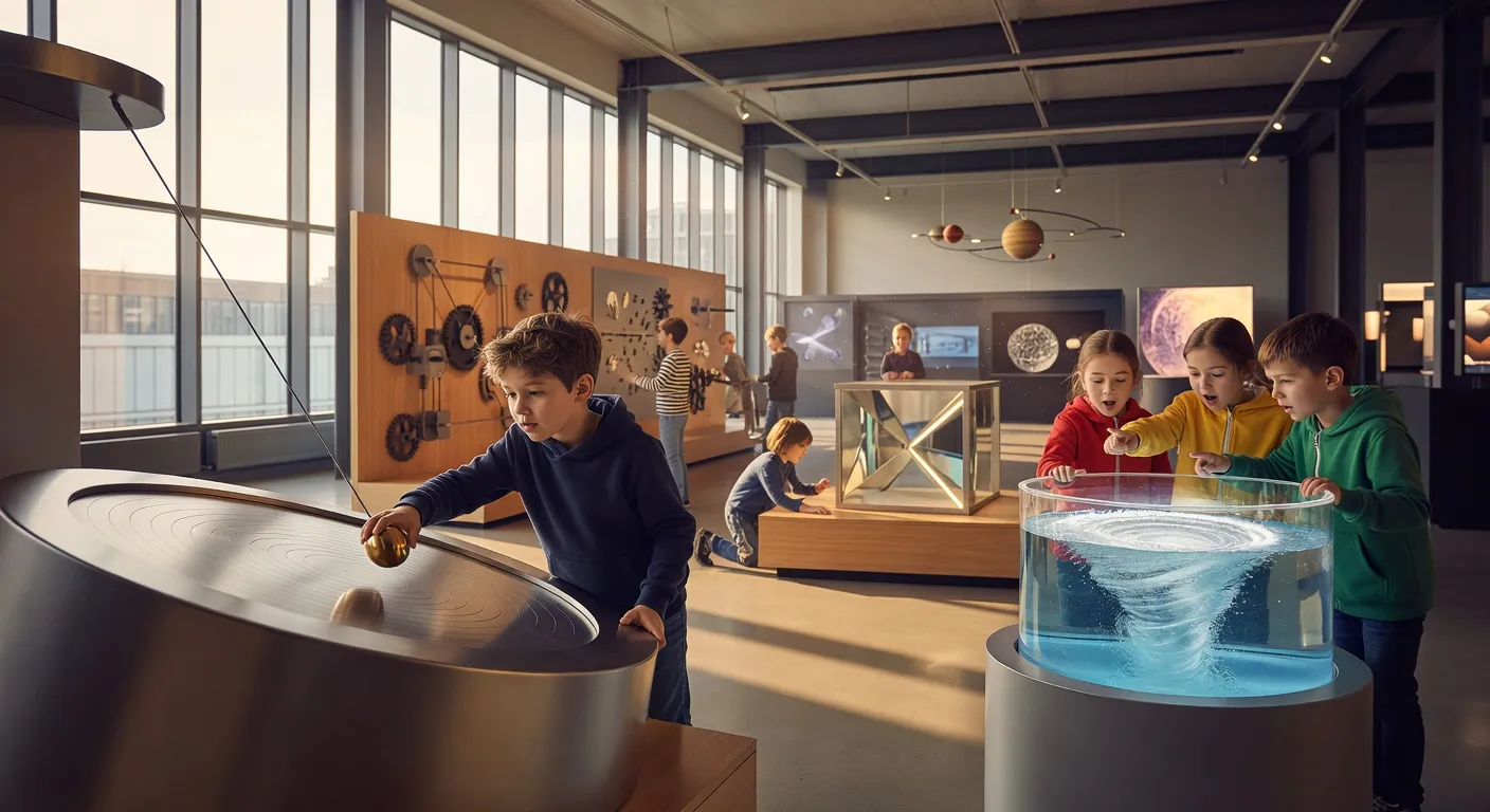 Enfants jouant avec des installations scientifiques interactives au Centre Copernic de Varsovie