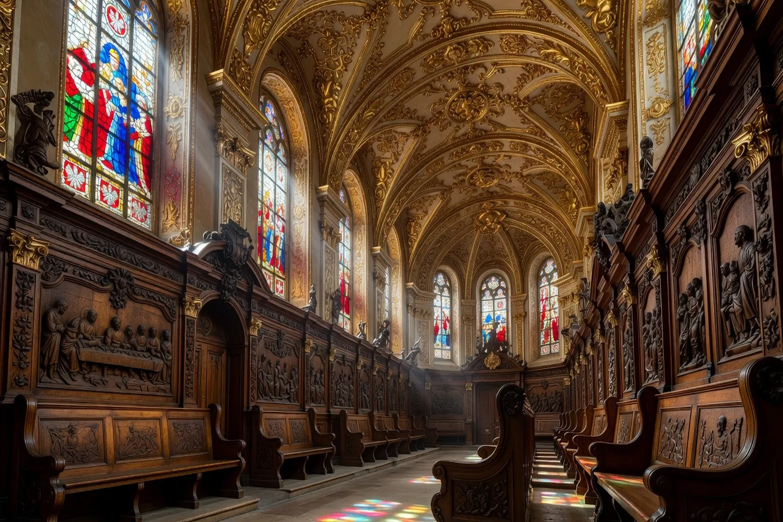 Intérieur d'église baroque polonaise avec voûtes dorées