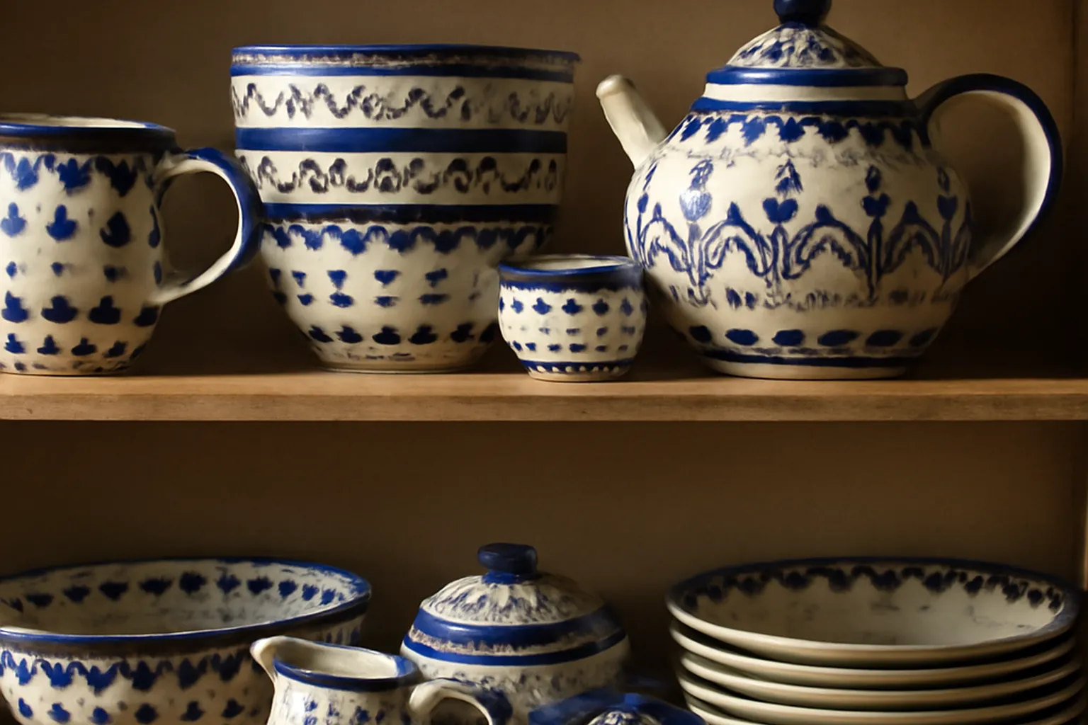 Céramique traditionnelle de Bolesławiec avec motifs bleus caractéristiques tamponnés à l'éponge