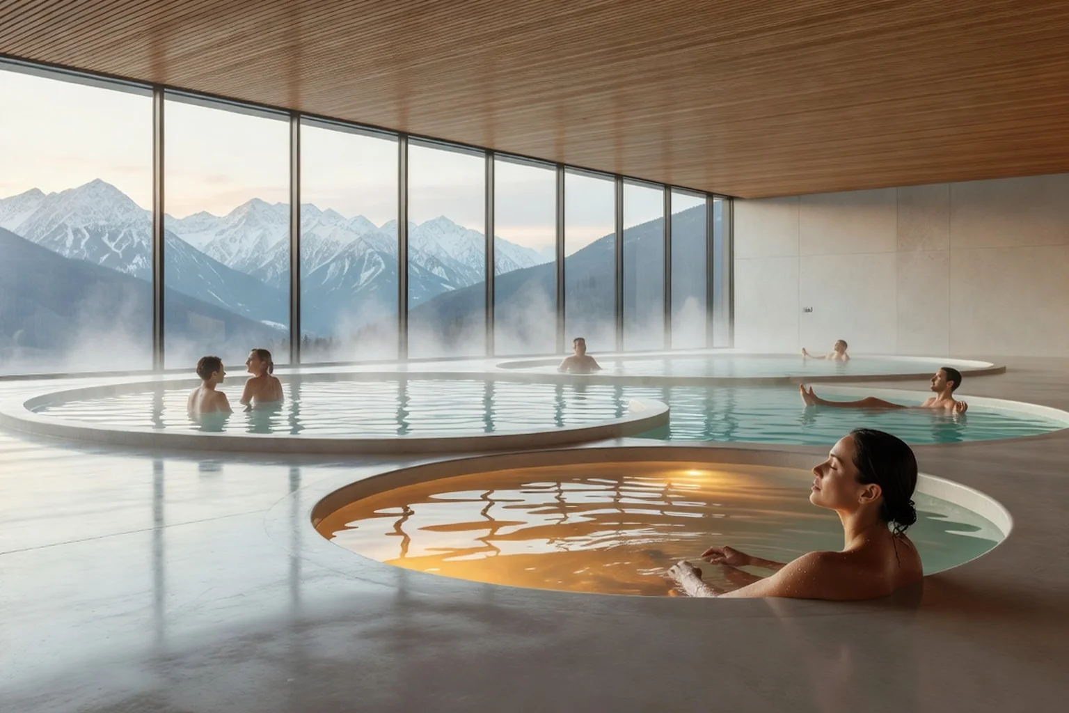 Bassins extérieurs d'un parc thermal du Podhale au crépuscule, vapeur sur l'eau et Tatras enneigés en arrière-plan
