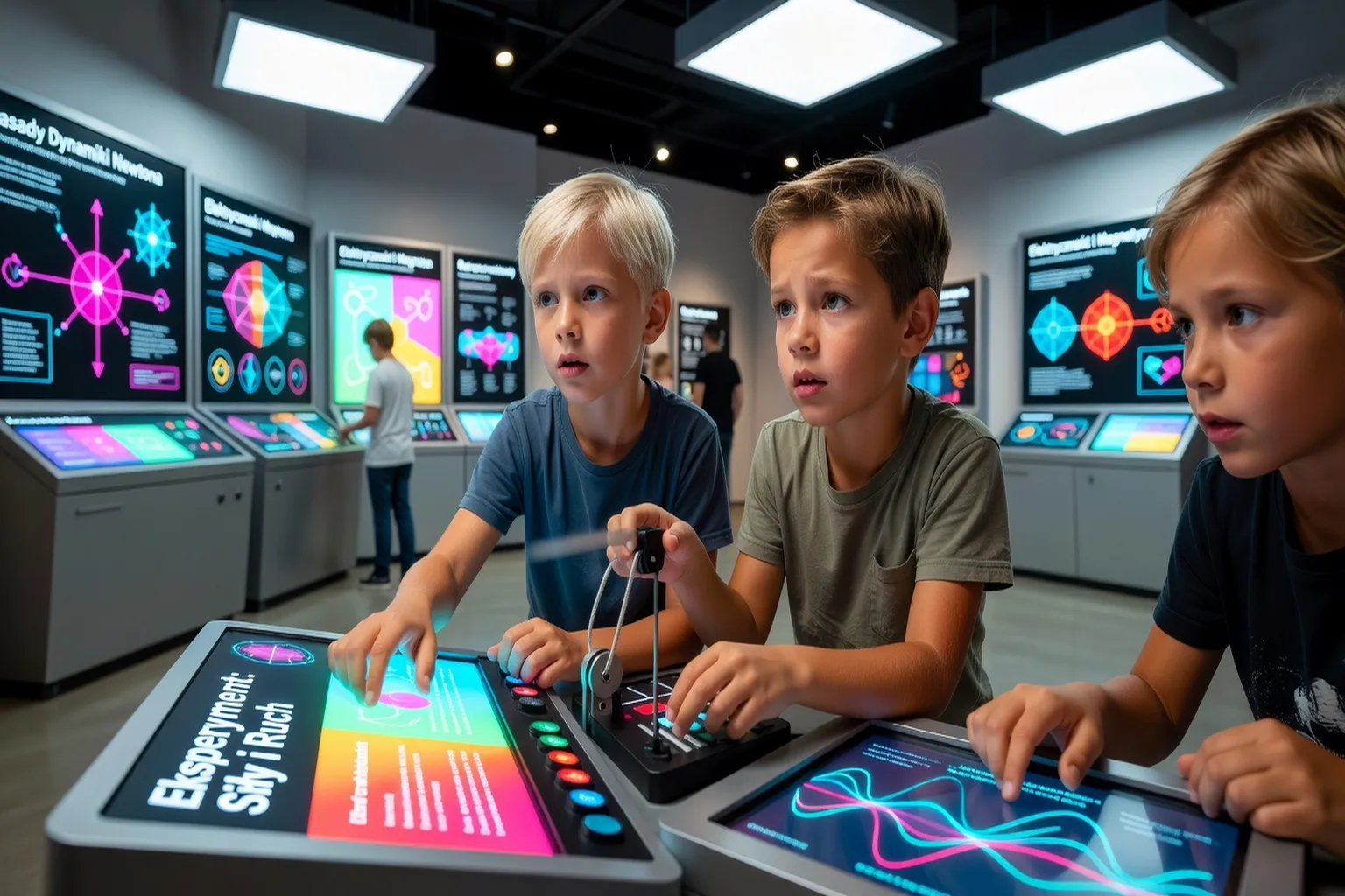 Visiteurs manipulant un dispositif interactif dans une galerie du Centre Copernic
