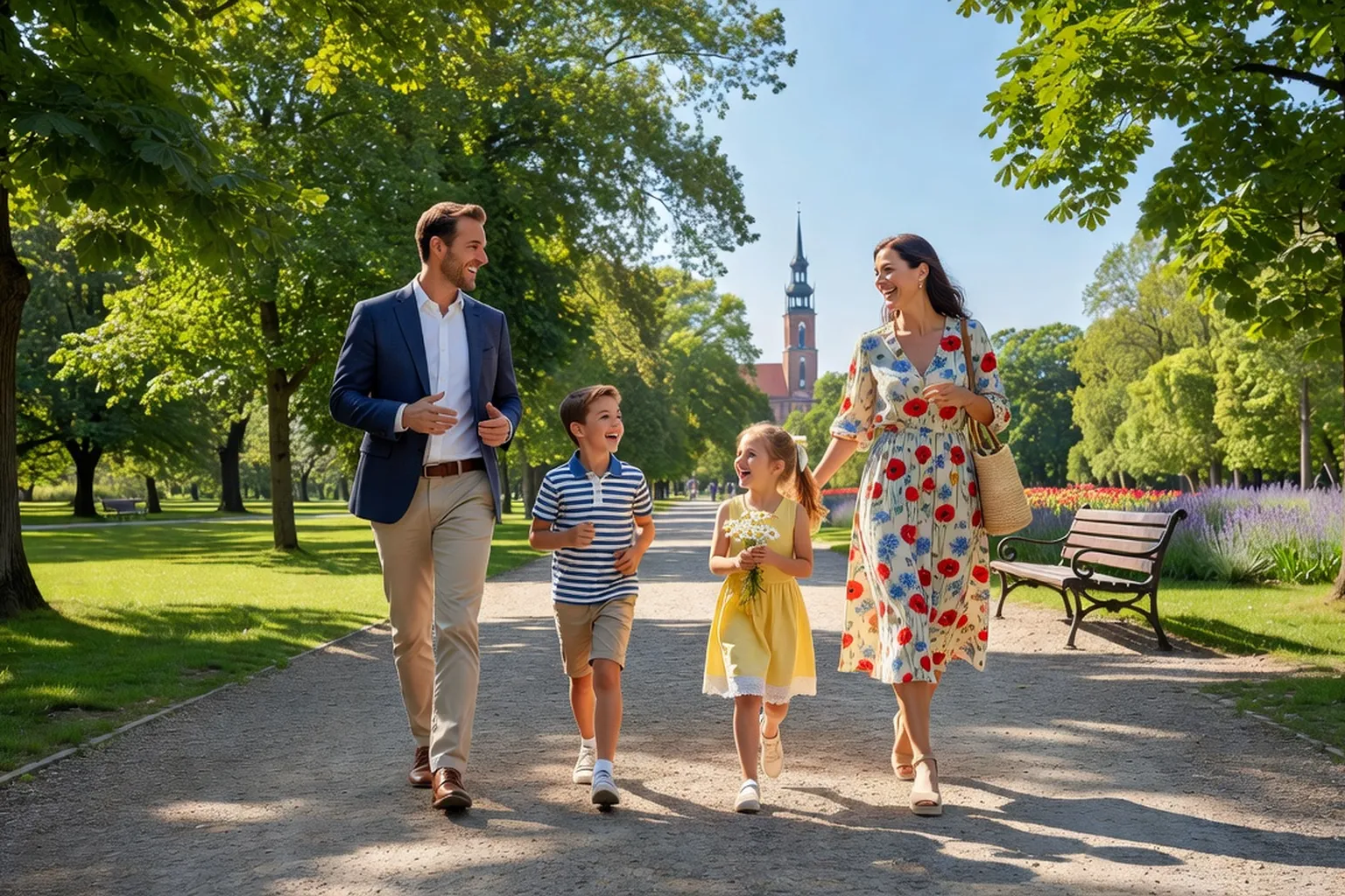 Famille française à Varsovie en 2026 — parents et enfants devant l'école internationale