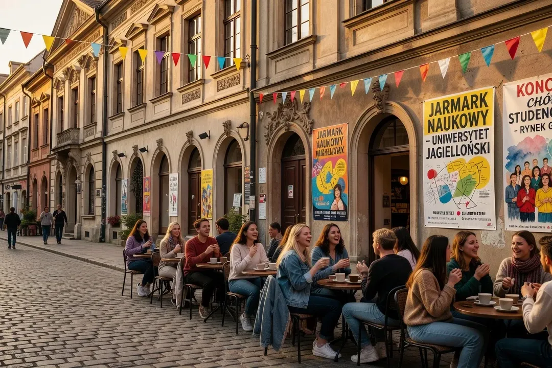 Rue pavée du vieux Cracovie, café étudiant et affiches universitaires