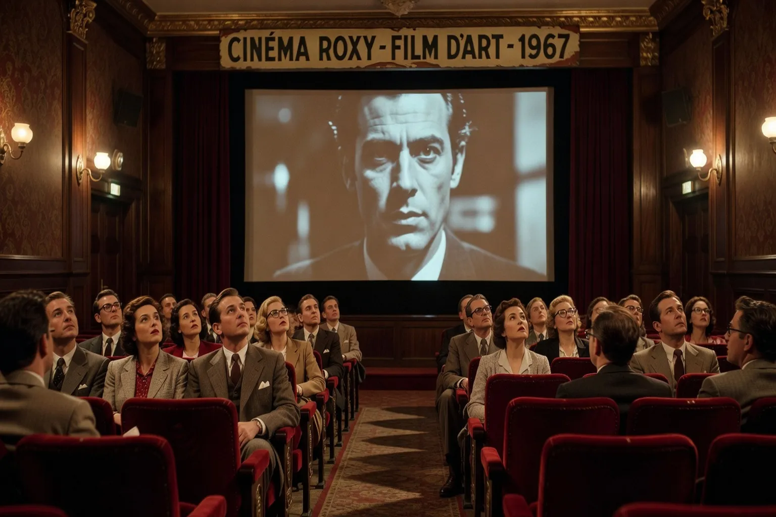 Salle de cinéma d'art et essai années 1960, ambiance rétro