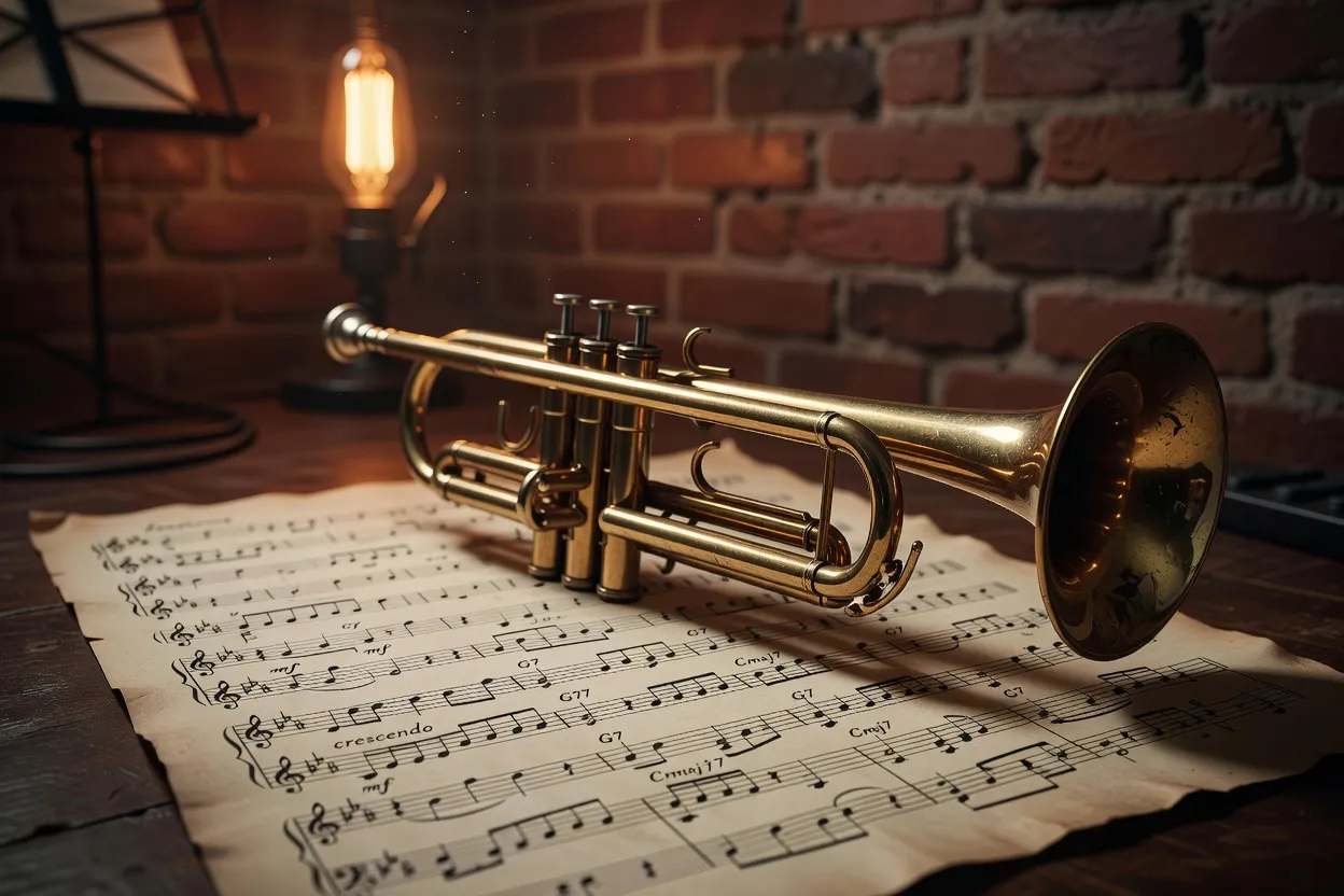 Trompette de jazz sur partition musicale, studio années 1960