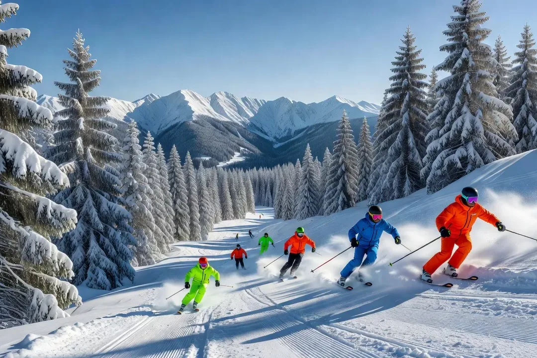 Piste de ski enneigée dans les Karkonosze, skieurs colorés