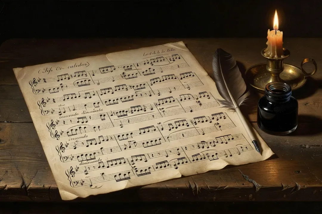 Partition musicale manuscrite avec plume et encrier, palette sépia