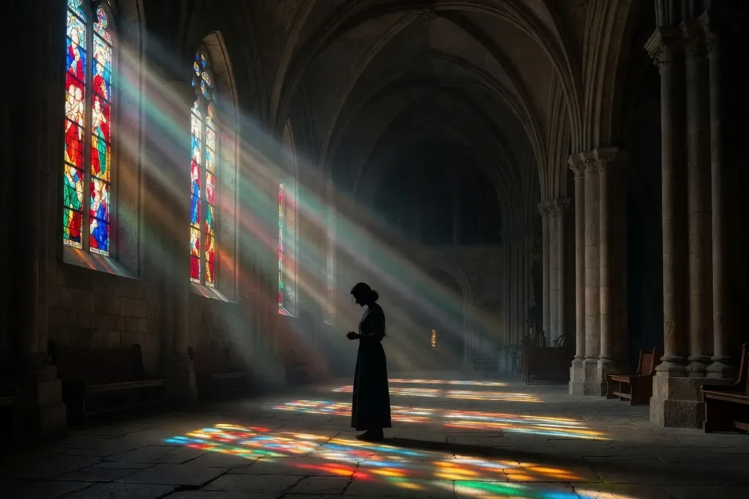 Silhouette d'une femme dans une nef gothique polonaise, rayons de vitraux