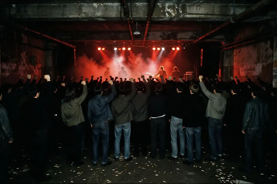 Concert underground années 1980 en Pologne, public dense levant les poings