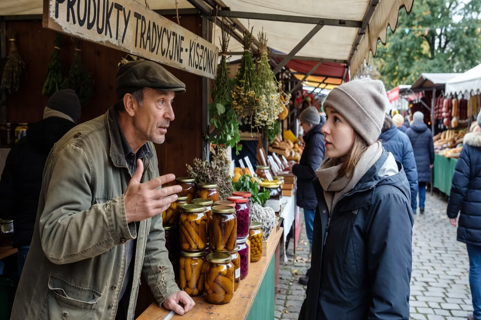 Conversation marché polonais, touriste et vendeur