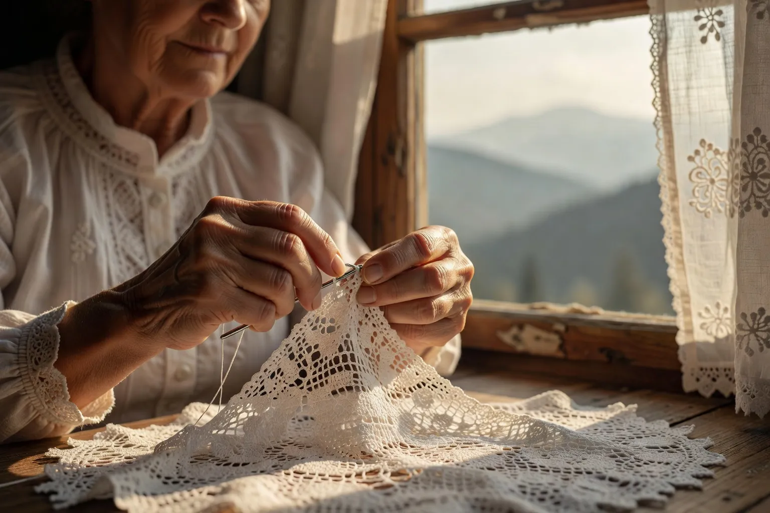 Artisane polonaise au crochet a Koniakow travaillant la dentelle blanche traditionnelle