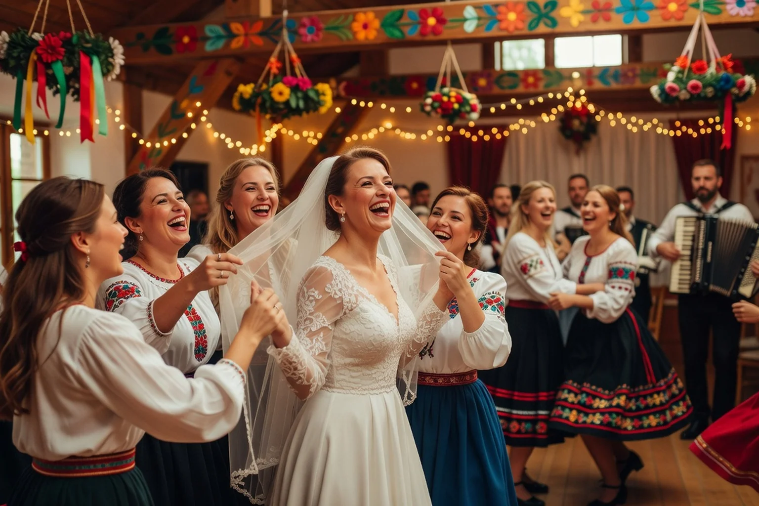 Mariée polonaise en robe blanche entourée de ses amies qui soulèvent son voile lors des oczepiny, dans une salle de wesele décorée de guirlandes et de motifs folkloriques