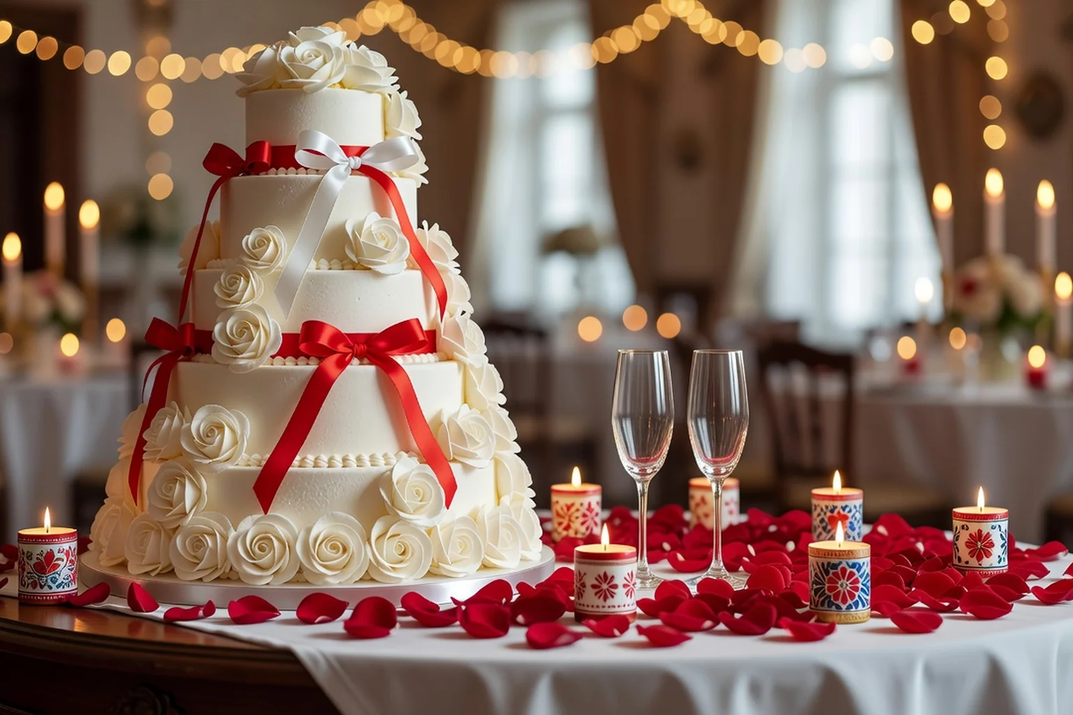 Gâteau de mariage polonais à étages orné de roses de crème et de rubans rouge et blanc, sur la table des mariés parsemée de pétales de roses et de bougies