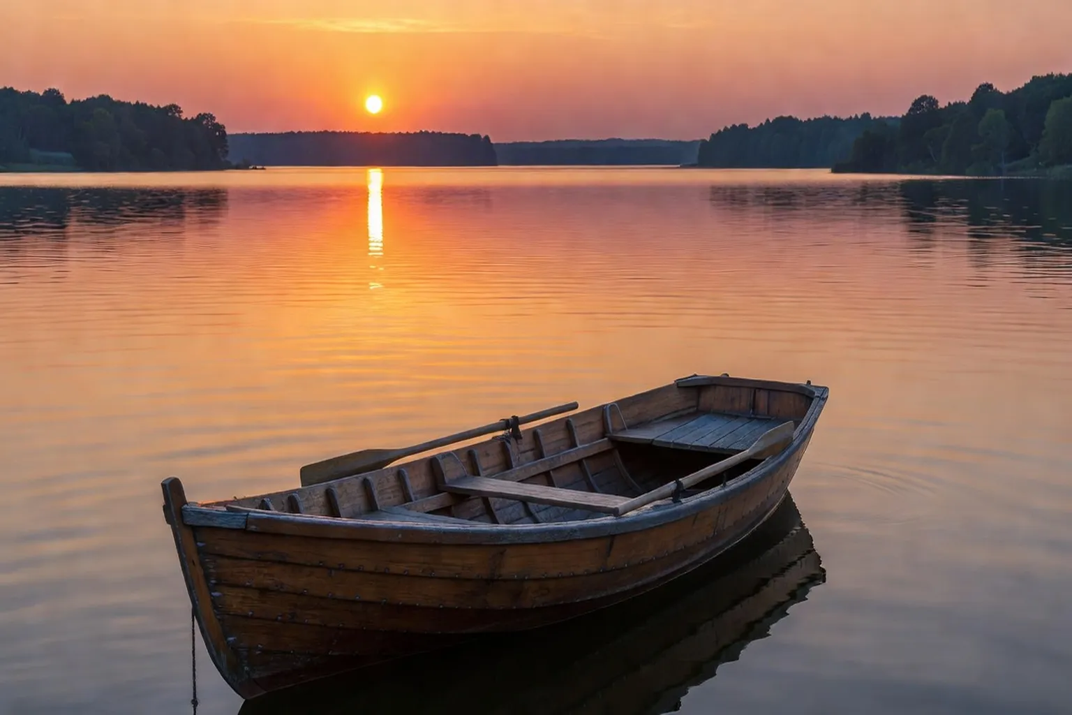 Coucher de soleil sur un lac mazurien, barque en bois au premier plan
