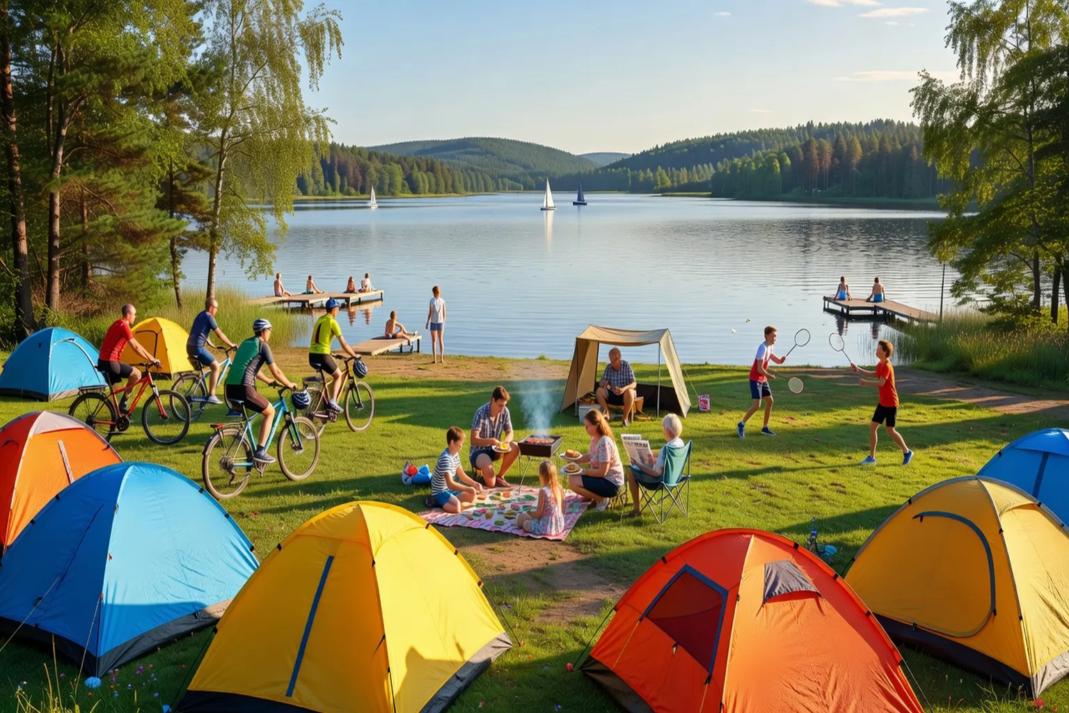 Camping bord de lac mazurien, familles et cyclistes, été actif
