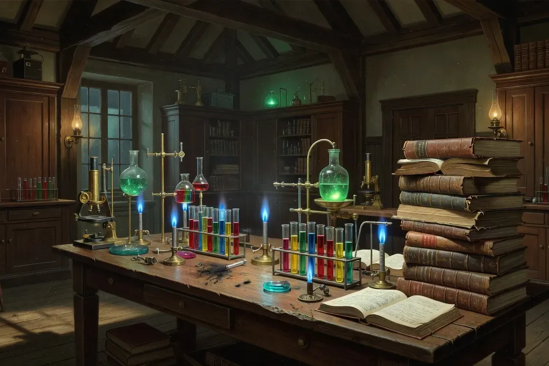 Laboratoire de chimie historique fin XIXe siècle, tubes à essai et flammes