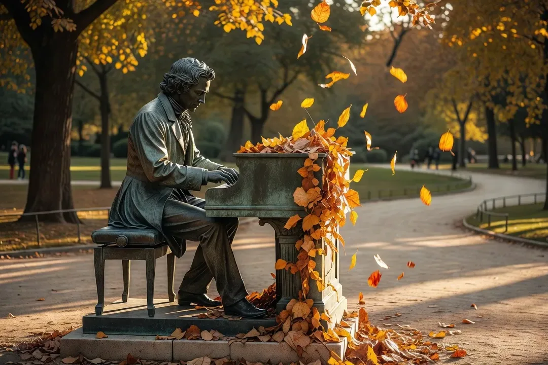 Statue de Chopin dans le Parc Monceau à Paris, automne