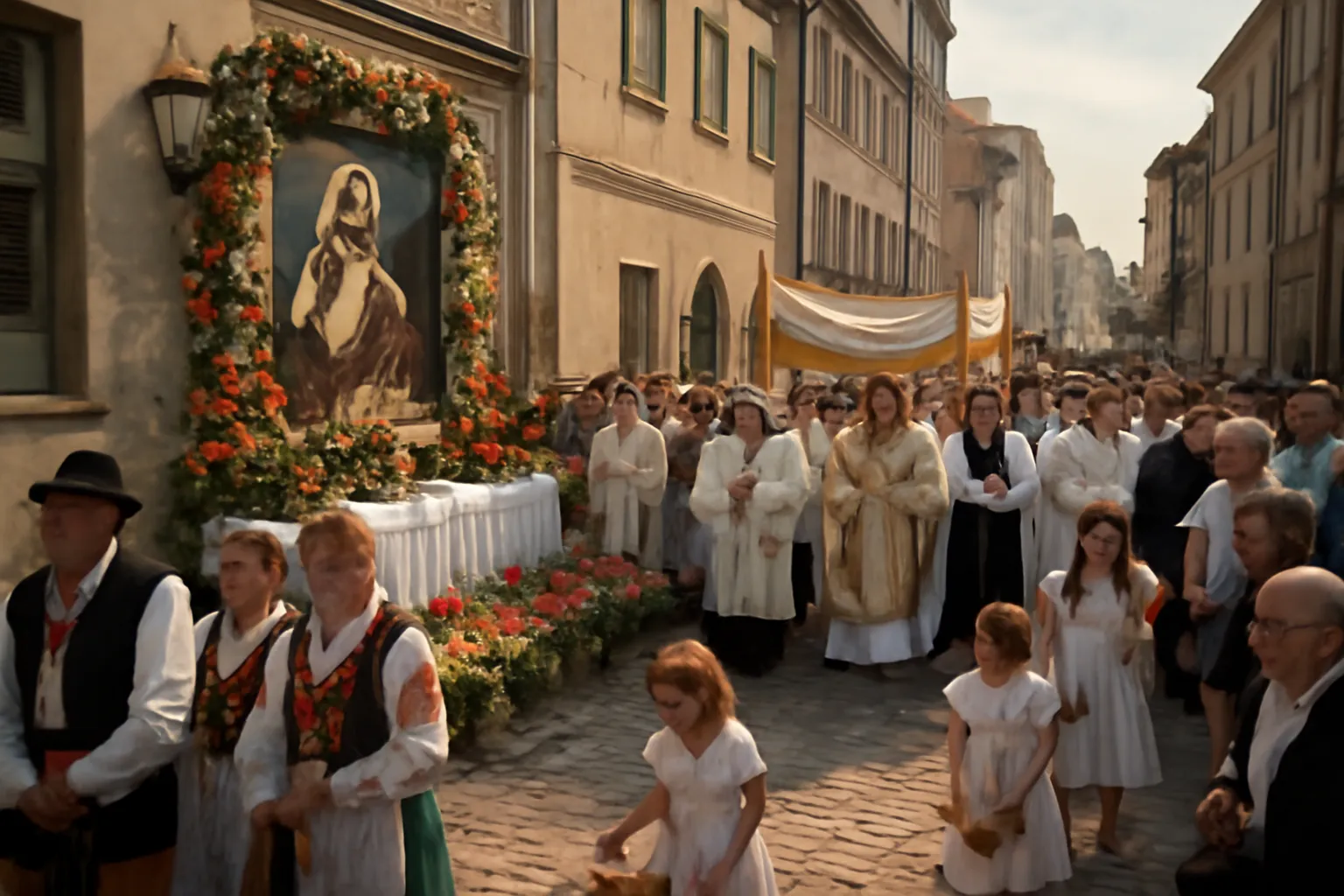 Processions catholiques de la Fête-Dieu dans une rue de Cracovie avec autel fleuri et fidèles en habits traditionnels