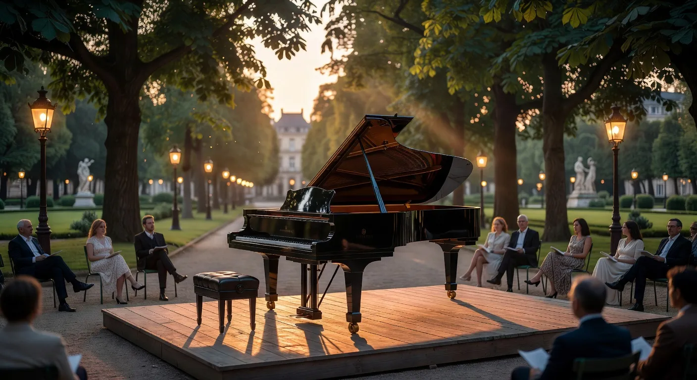 Public assis au Jardin du Luxembourg pour un concert classique en plein air parisien