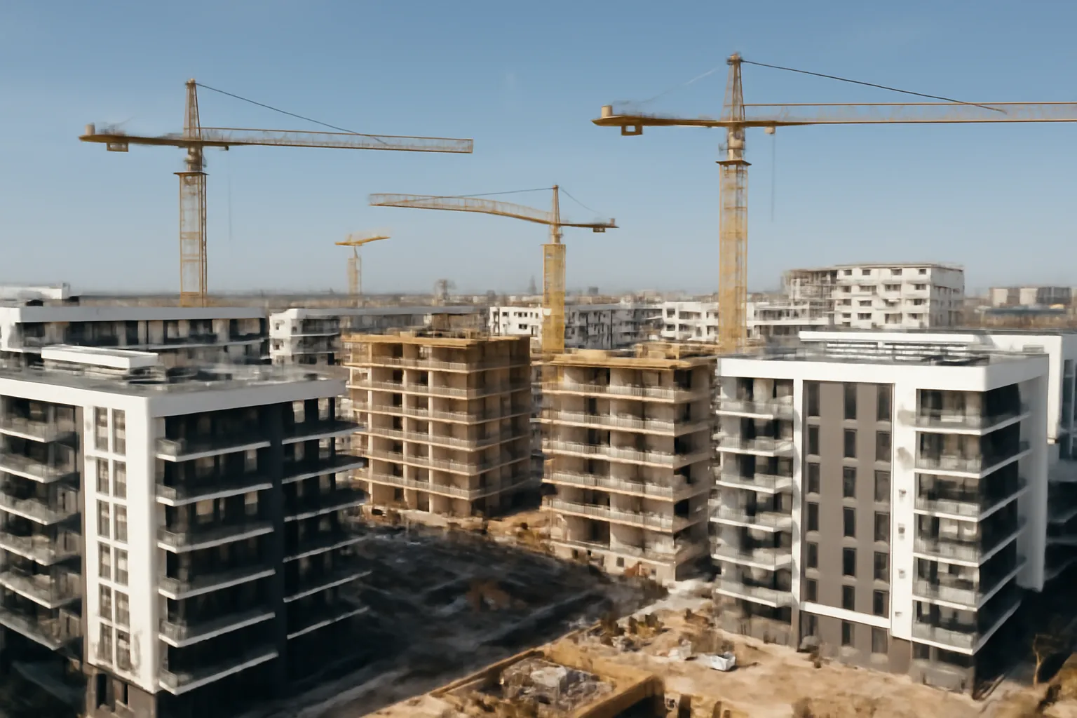 Vue aérienne d'immeubles résidentiels modernes dans un quartier de Varsovie avec des grues de construction