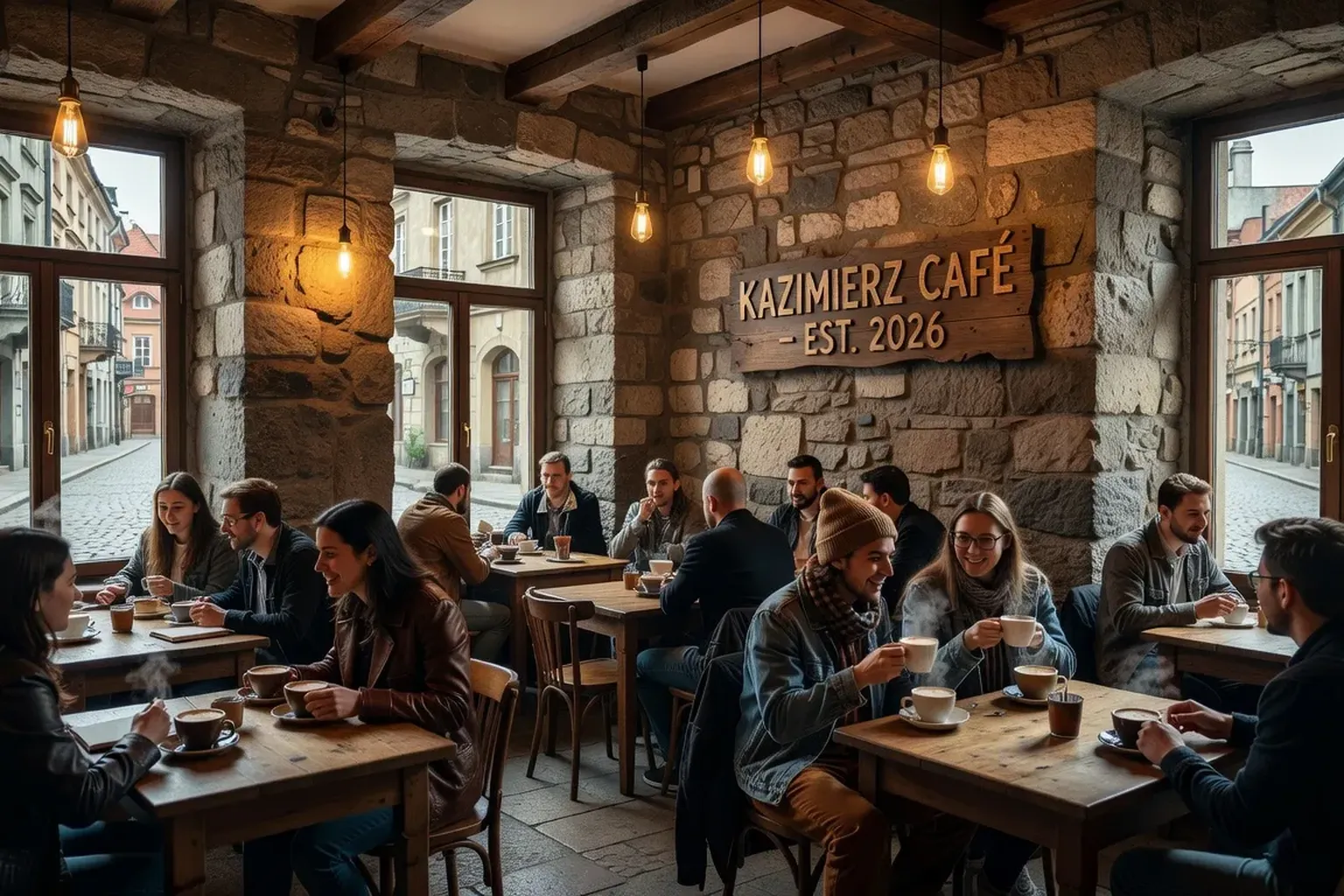 Café cracovien typique dans le quartier de Kazimierz, ambiance lumineuse chaleureuse, tables en bois et briques apparentes