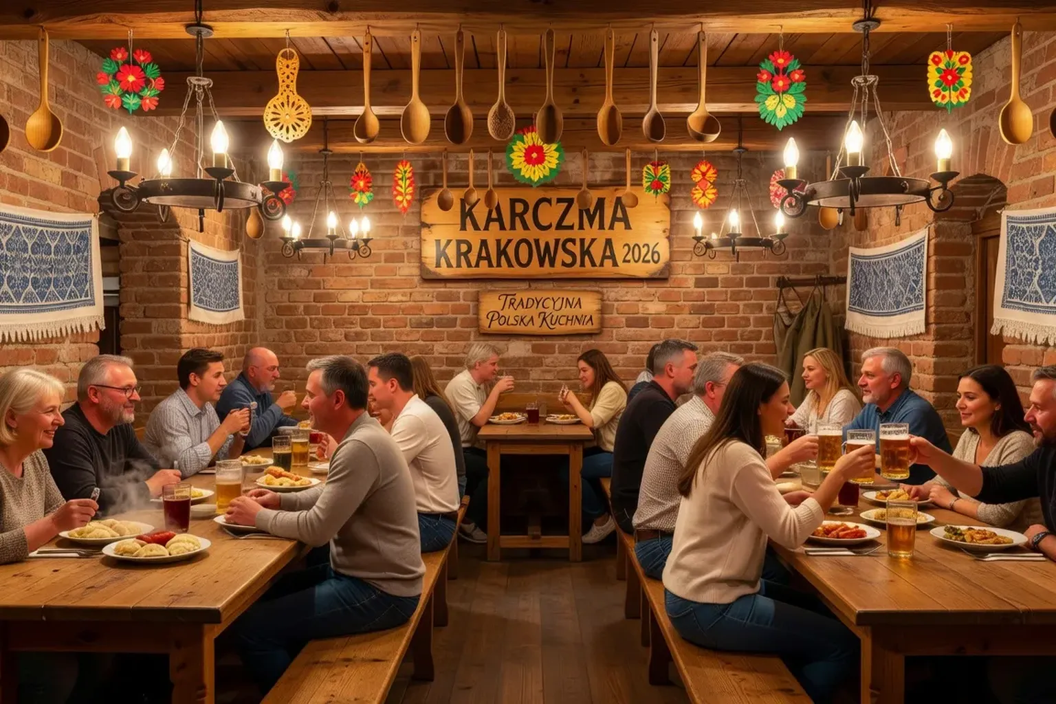 Intérieur d'un restaurant polonais typique à Cracovie, décoration folklorique chaleureuse