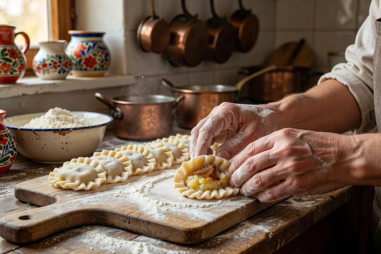 Préparation artisanale des pierogi, pâte farcie pliée à la main sur planche farinée