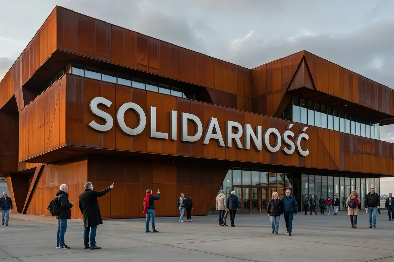 Musée de la Solidarité européenne à Gdańsk, architecture contemporaine avec inscription SOLIDARNOŚĆ