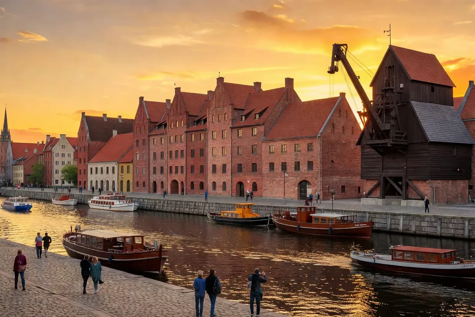 Front de mer de Gdańsk sur la rivière Mołtawa, greniers rouges et grues historiques au coucher du soleil