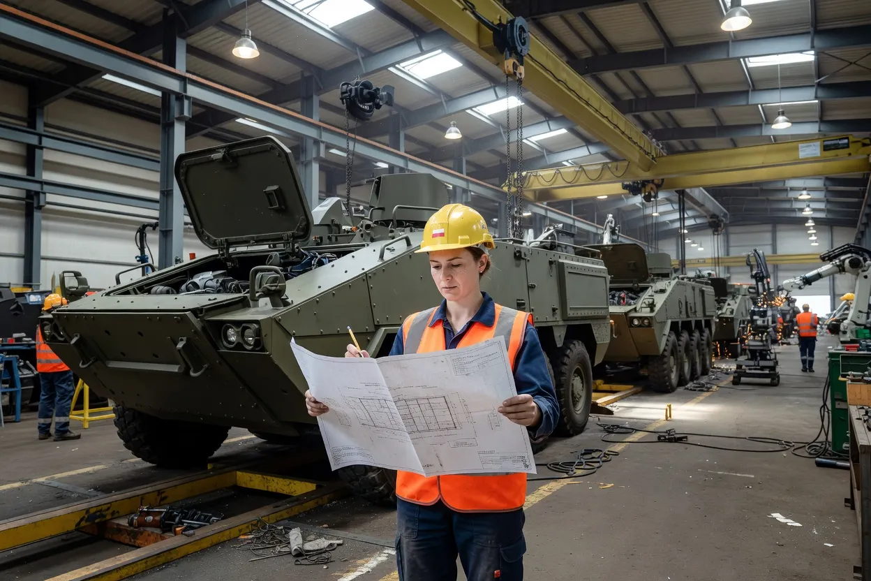 Ingénieure polonaise examinant des plans techniques devant une chaîne d'assemblage de véhicules militaires dans une usine