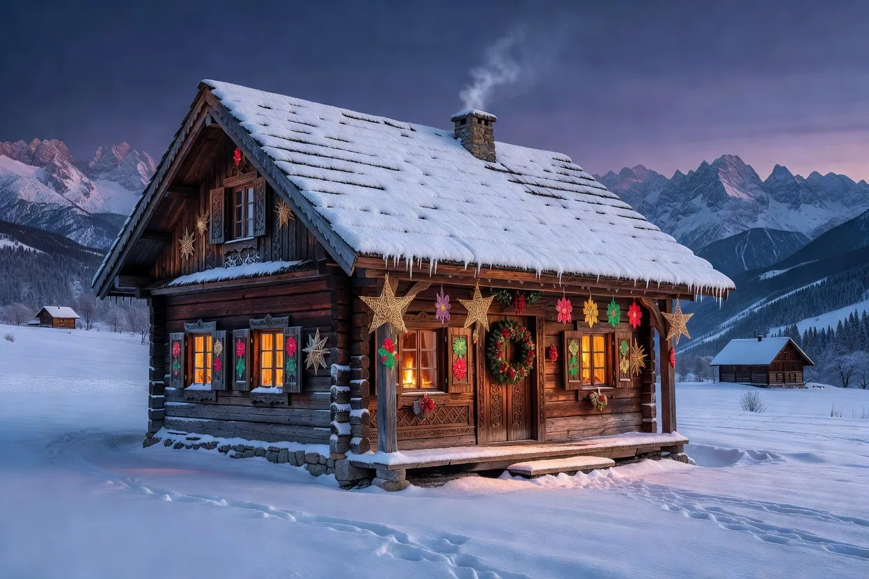 Cottage traditionnel décoré pour Noël dans les montagnes du Podhale en Pologne
