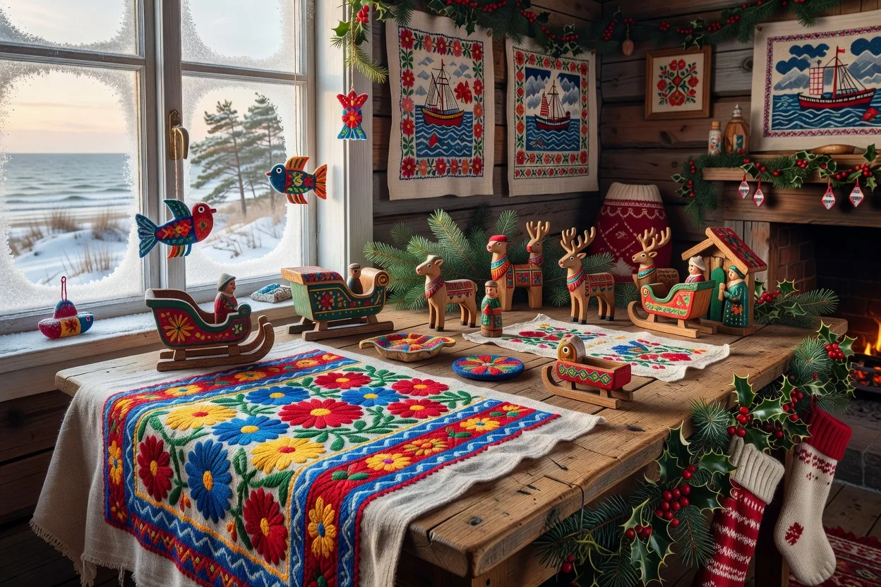 Décorations traditionnelles cachoubes aux motifs floraux colorés de Poméranie