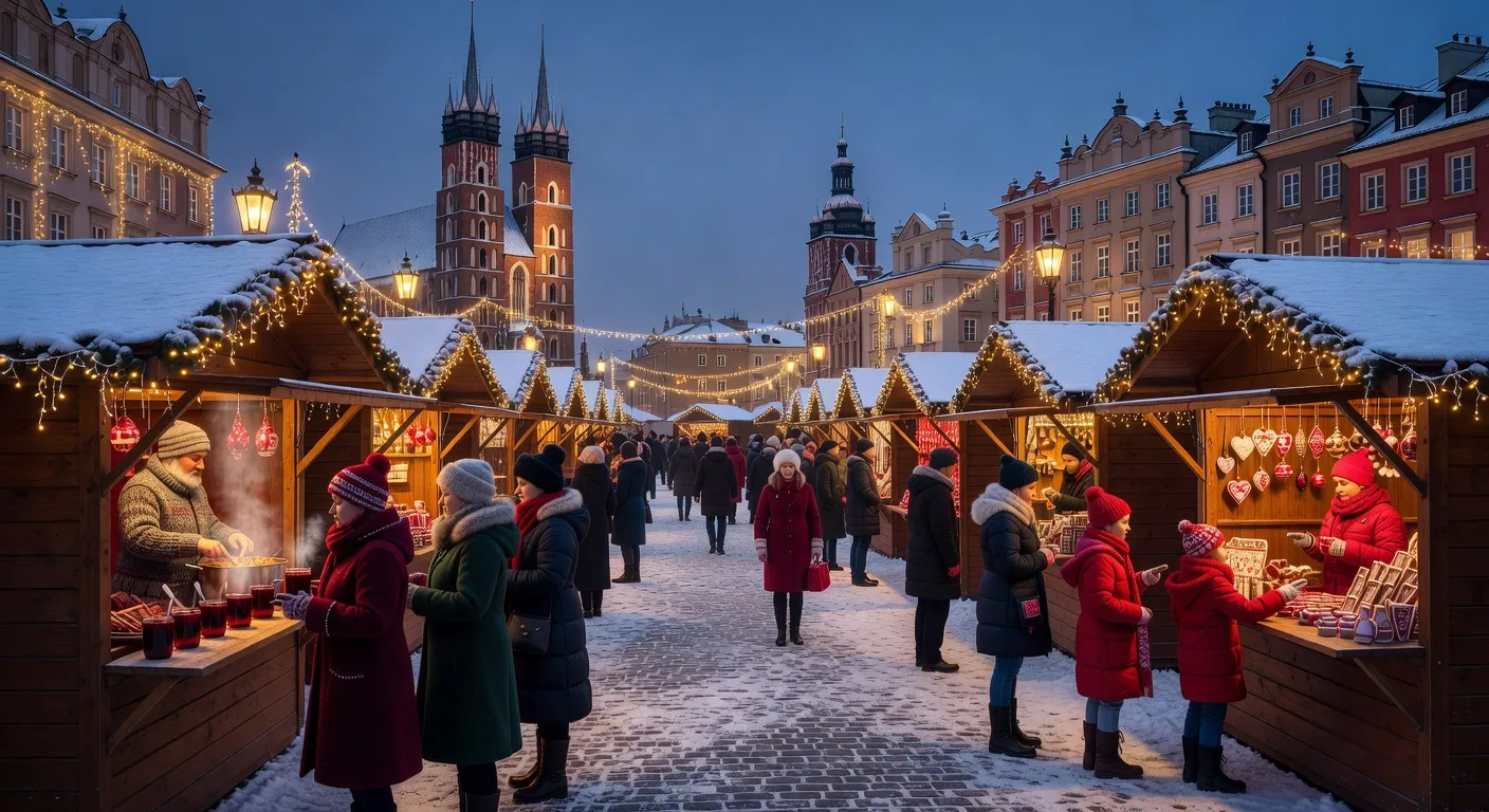 Marché de Noël de Cracovie, place du Marché principale Rynek Główny, illuminations hivernales 2026