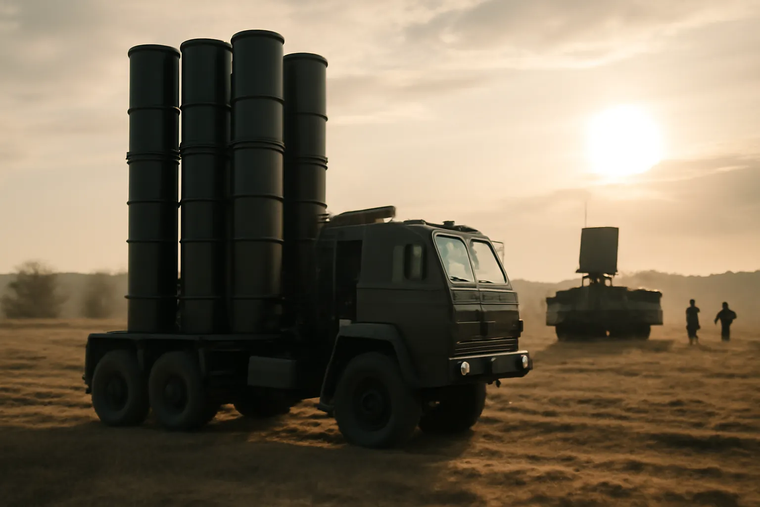 Système de défense aérienne mobile à lancement vertical déployé en position de campagne, avec véhicule radar en arrière-plan au coucher du soleil
