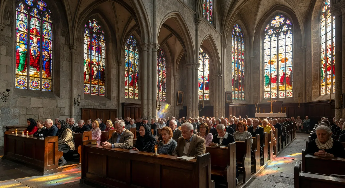 Intérieur de la cathédrale du Wawel à Cracovie, fidèles polonais en prière, bougies allumées, 2026