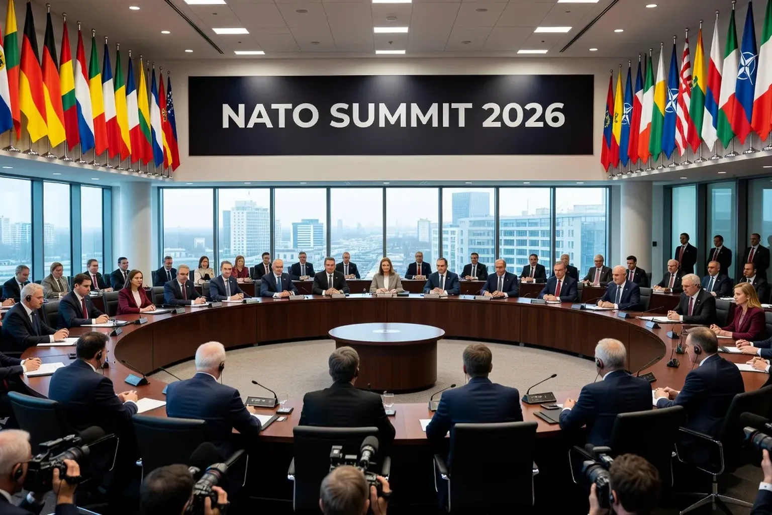 Sommet de l'OTAN réunissant les dirigeants européens, drapeaux des nations membres en arrière-plan