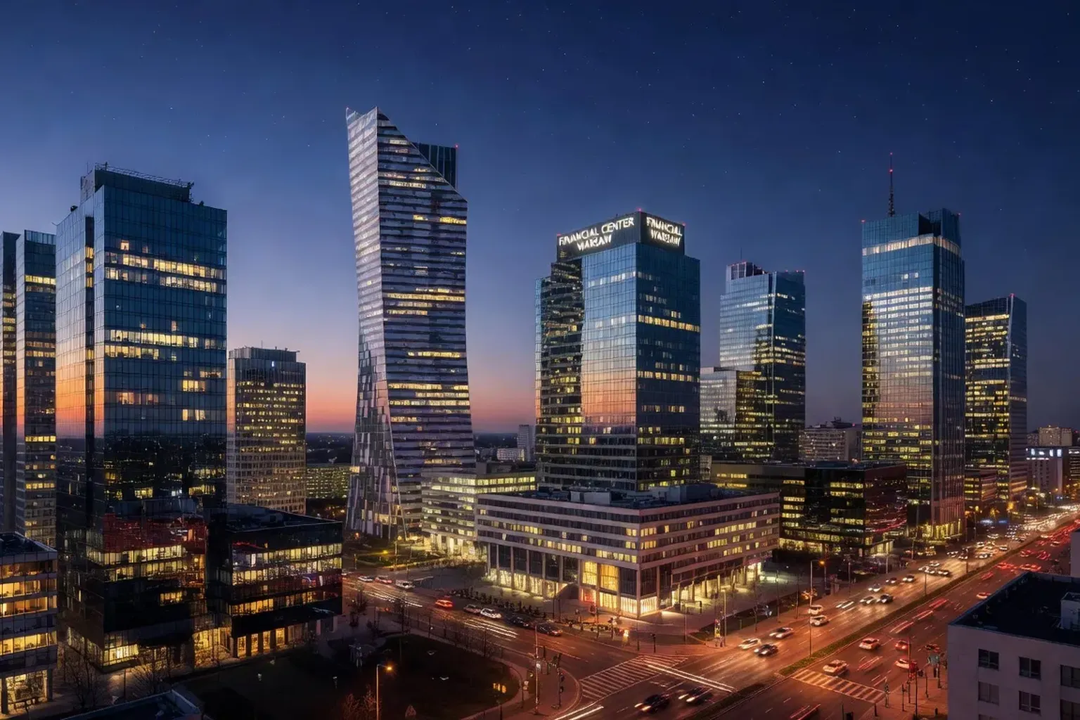 Skyline du quartier d'affaires de Varsovie en soirée, gratte-ciels illuminés, puissance économique de la capitale polonaise