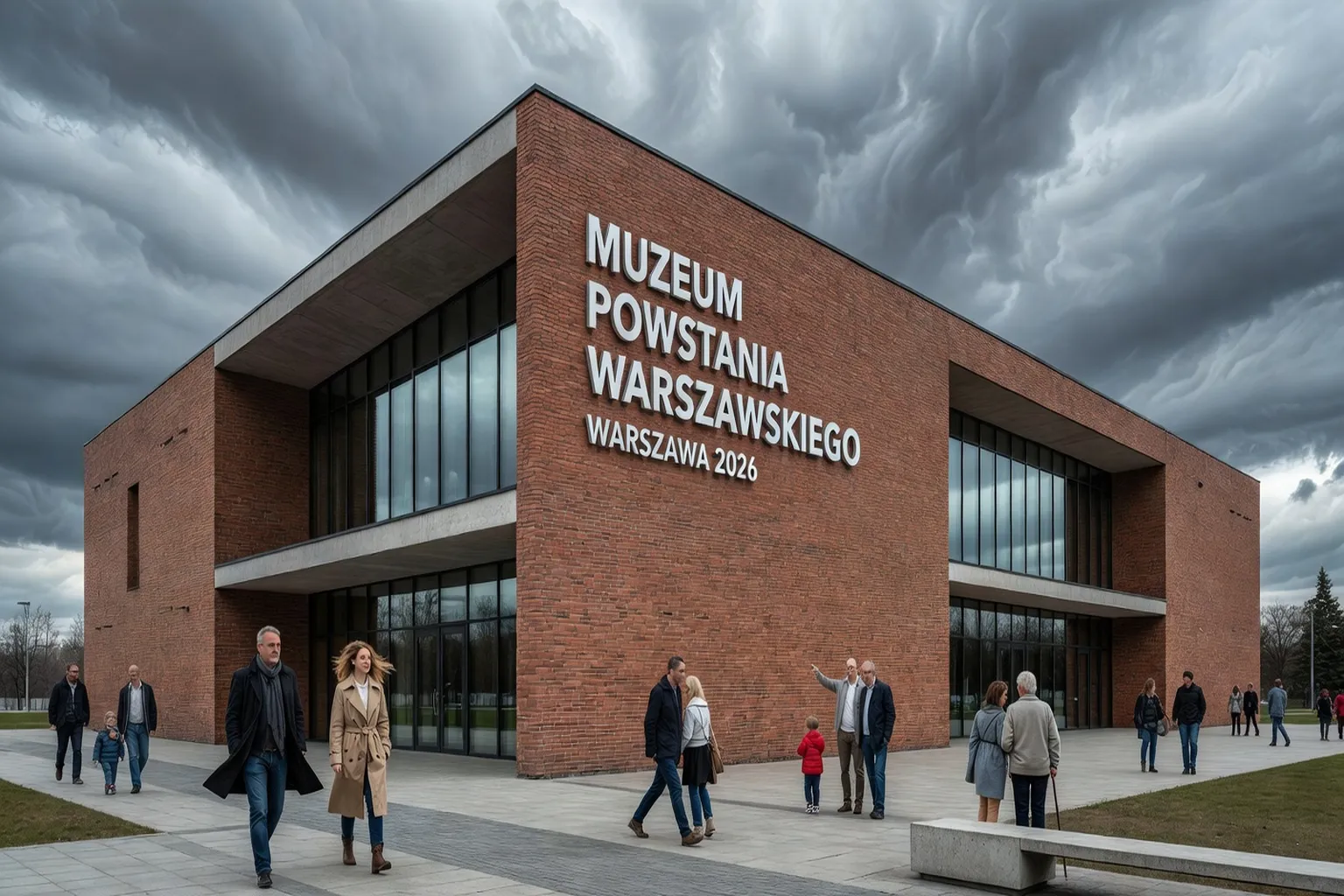 Le Musée de l'Insurrection de Varsovie (Muzeum Powstania Warszawskiego), façade moderniste en briques rouges, visiteurs devant l'entrée en 2026
