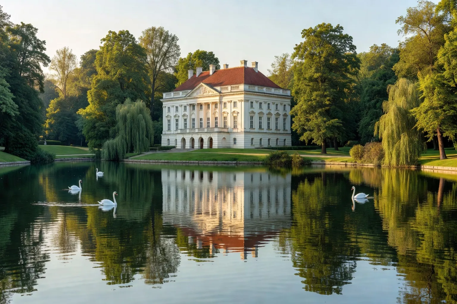 Le Palais sur l'Île dans le parc Łazienki de Varsovie, reflet dans le lac en fin d'après-midi, ambiance dorée et sereine