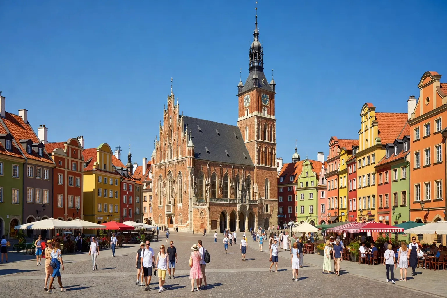 La place du Marché de Wrocław (Rynek) avec l'Hôtel de Ville gothique, vue panoramique depuis un angle élevé, été 2026, touristes et maisons colorées