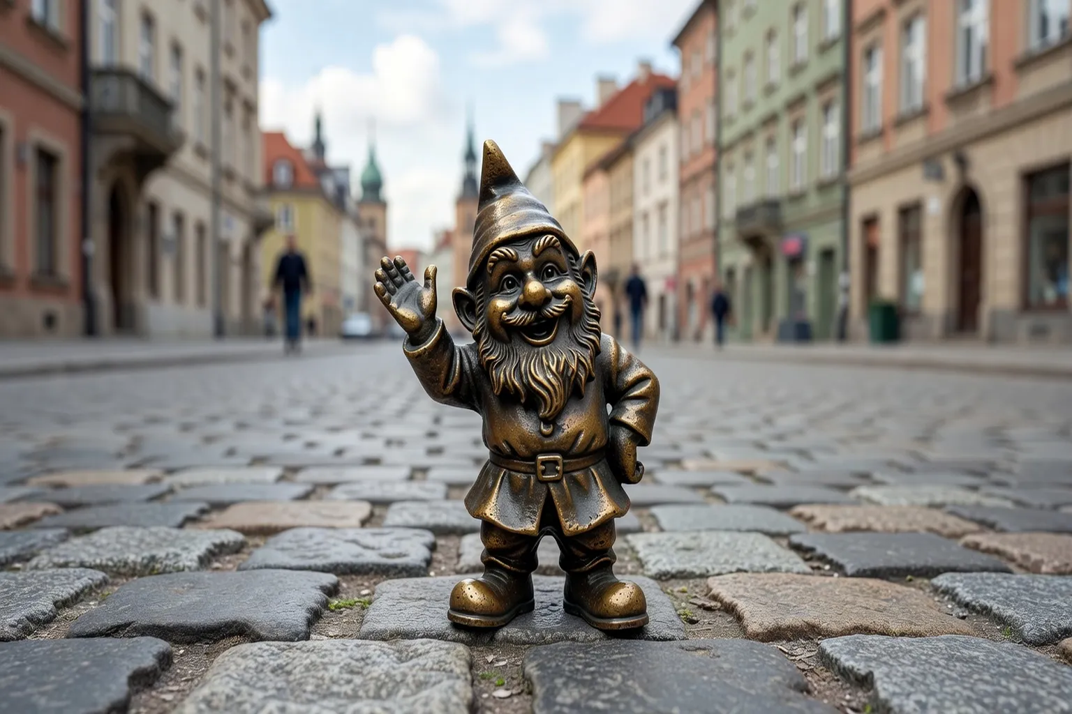 Un nain de Wrocław (krasnal) en bronze sur les pavés de la vieille ville, perspective à hauteur de nain, style éditorial et humoristique