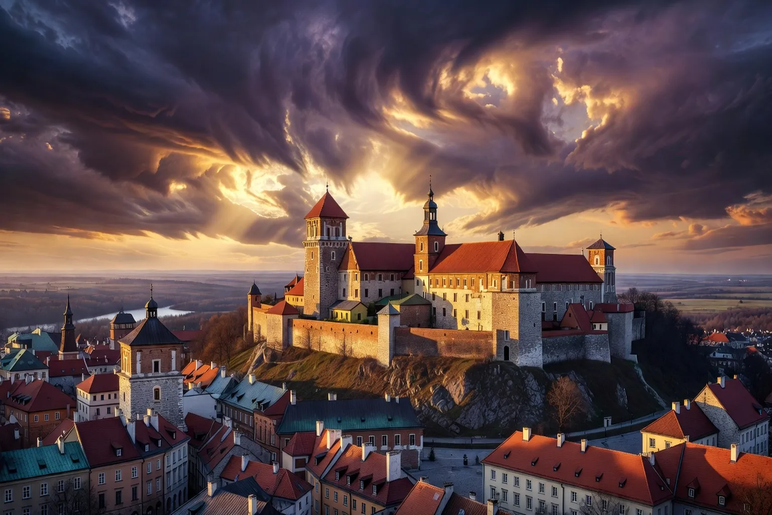 Château Royal de Cracovie (Wawel) sur la colline, tours médiévales sous un ciel dramatique