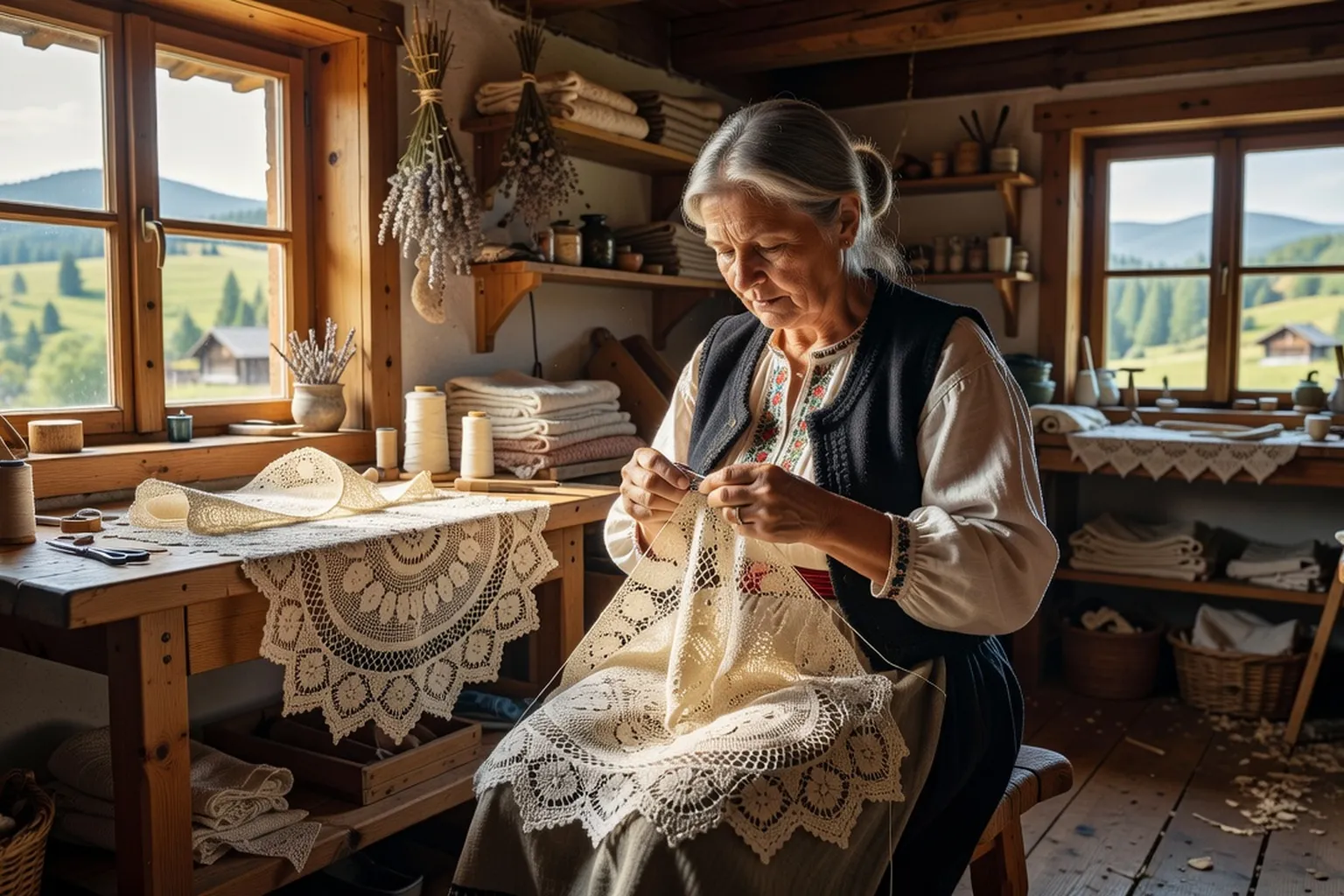 Artisane polonaise réalisant une dentelle traditionnelle au crochet dans un atelier des Beskides