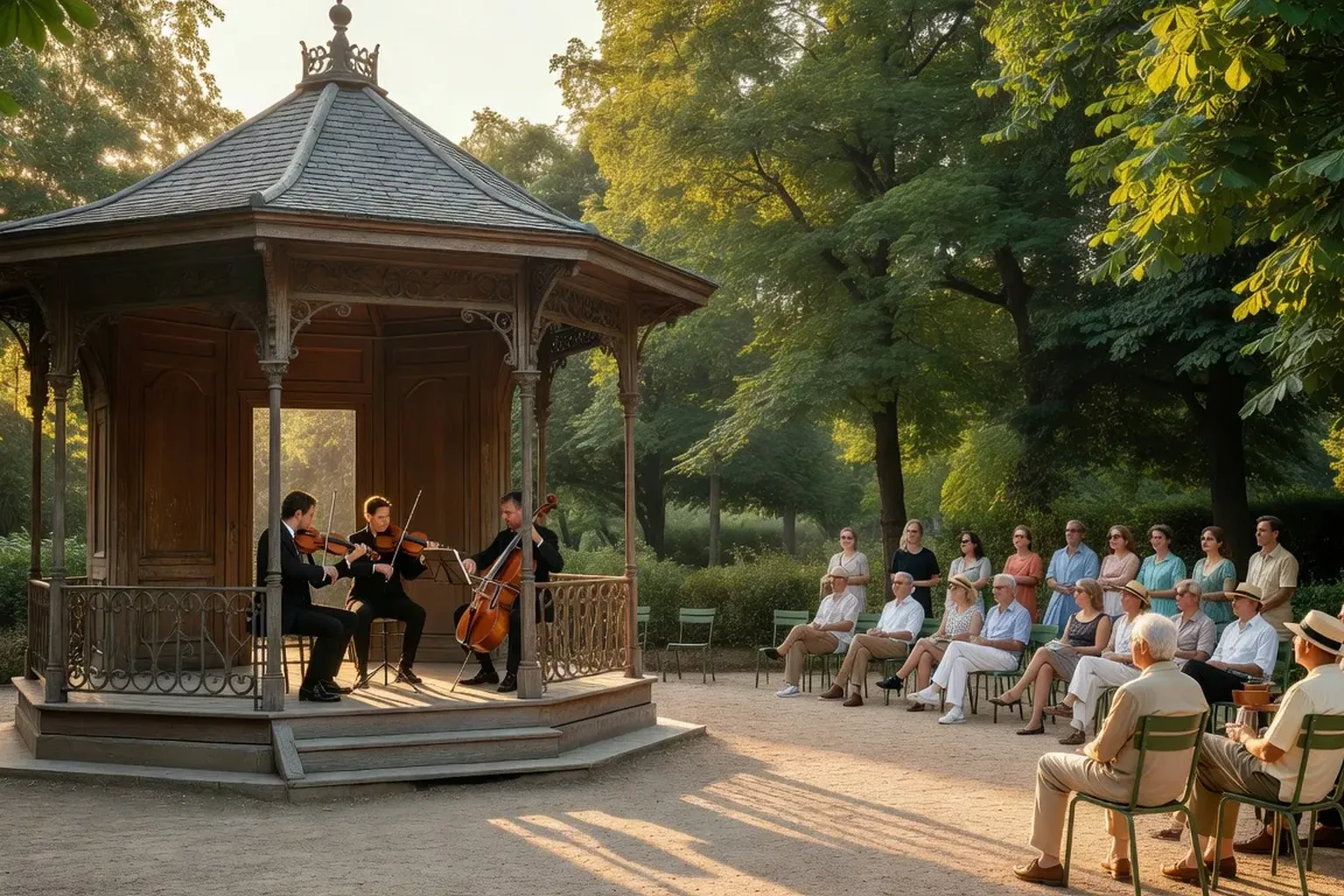 Kiosque du Jardin du Luxembourg Paris lors d'un concert Chopin en soirée estivale 2026