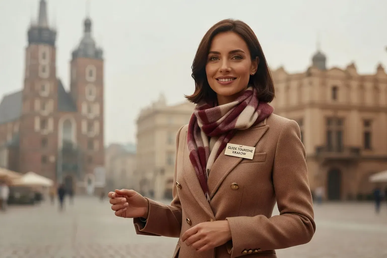 Portrait éditorial de Marie-Sophie Leroux, guide francophone à Cracovie, arrière-plan de la vieille ville royale