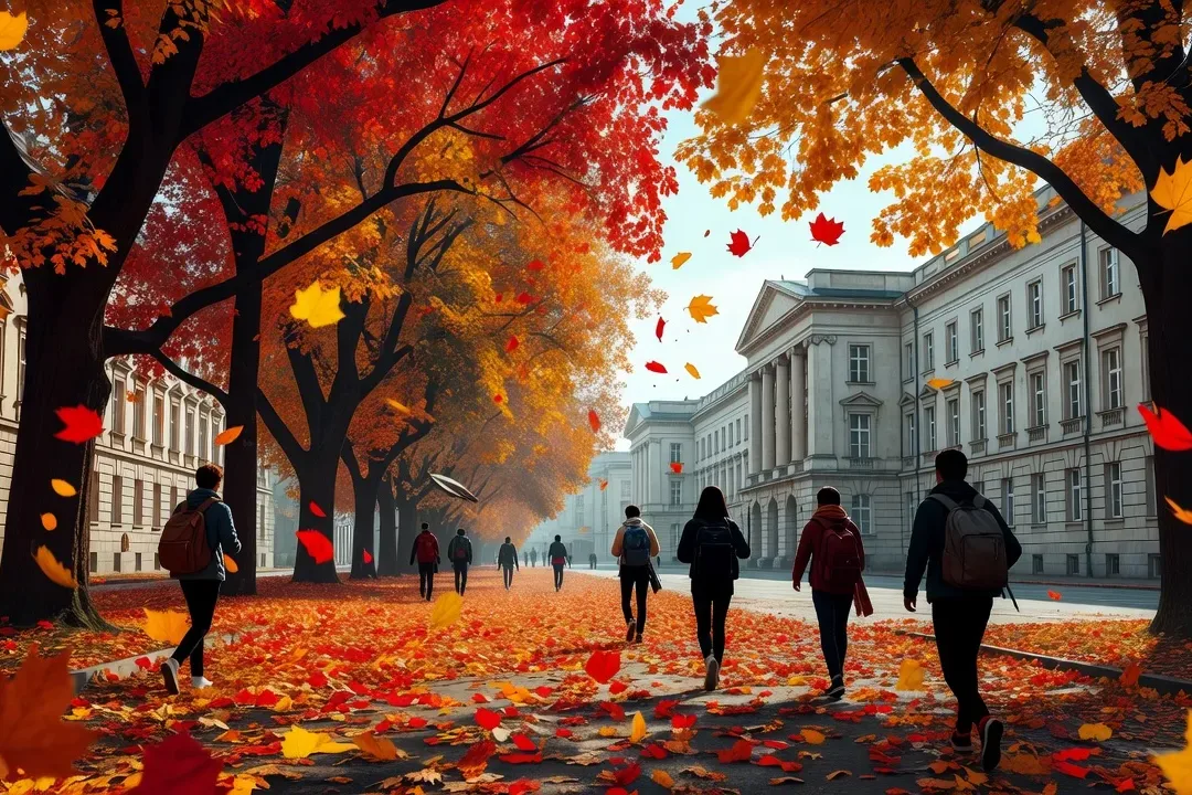Campus de l'Université de Varsovie en automne, étudiants en silhouettes