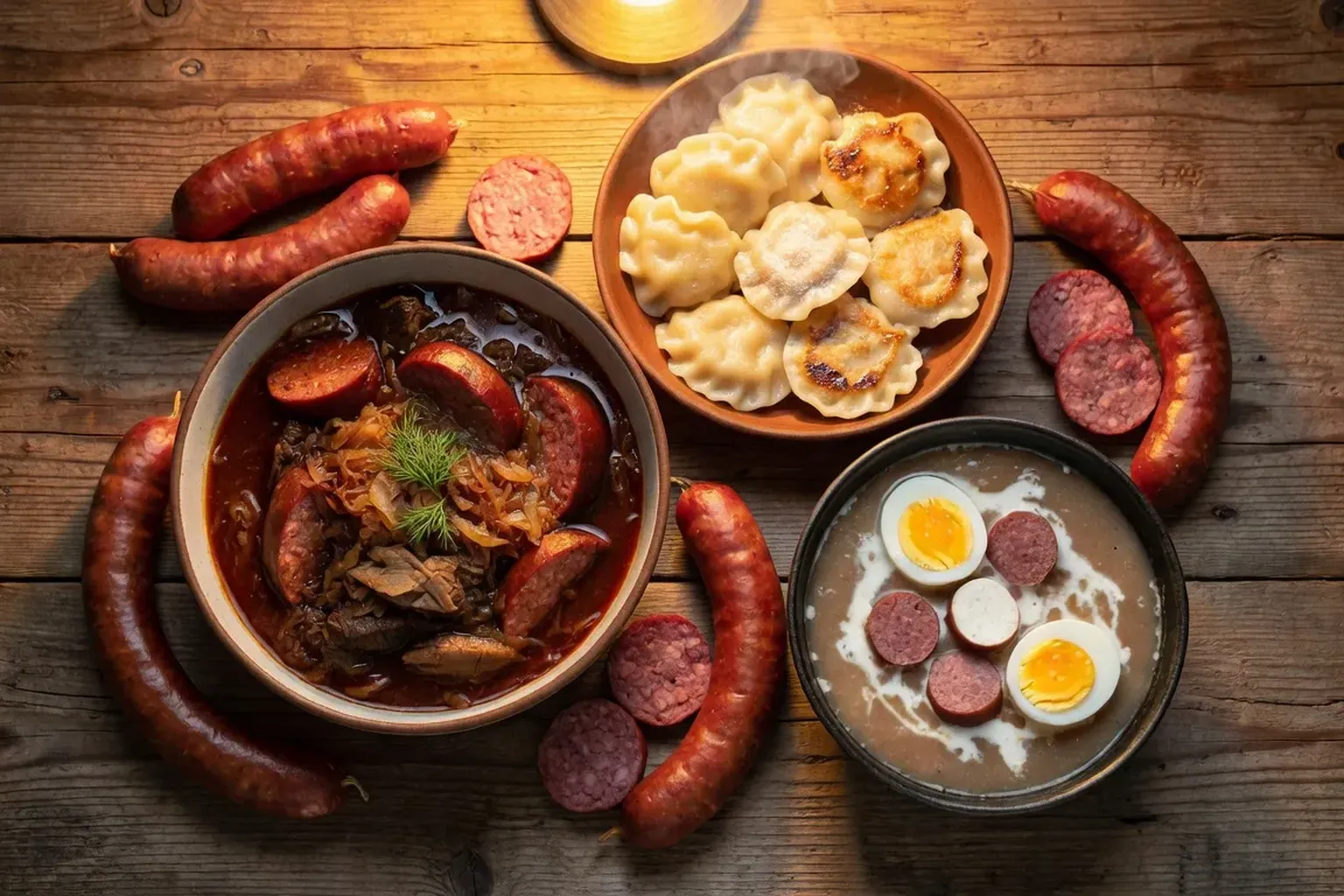 Table polonaise avec pierogi, bigos et żurek, photographie gastronomique en lumière dorée