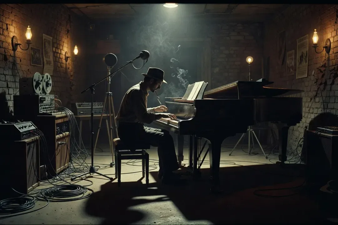 Studio de jazz vintage polonais des années 1960, silhouette de musicien au piano