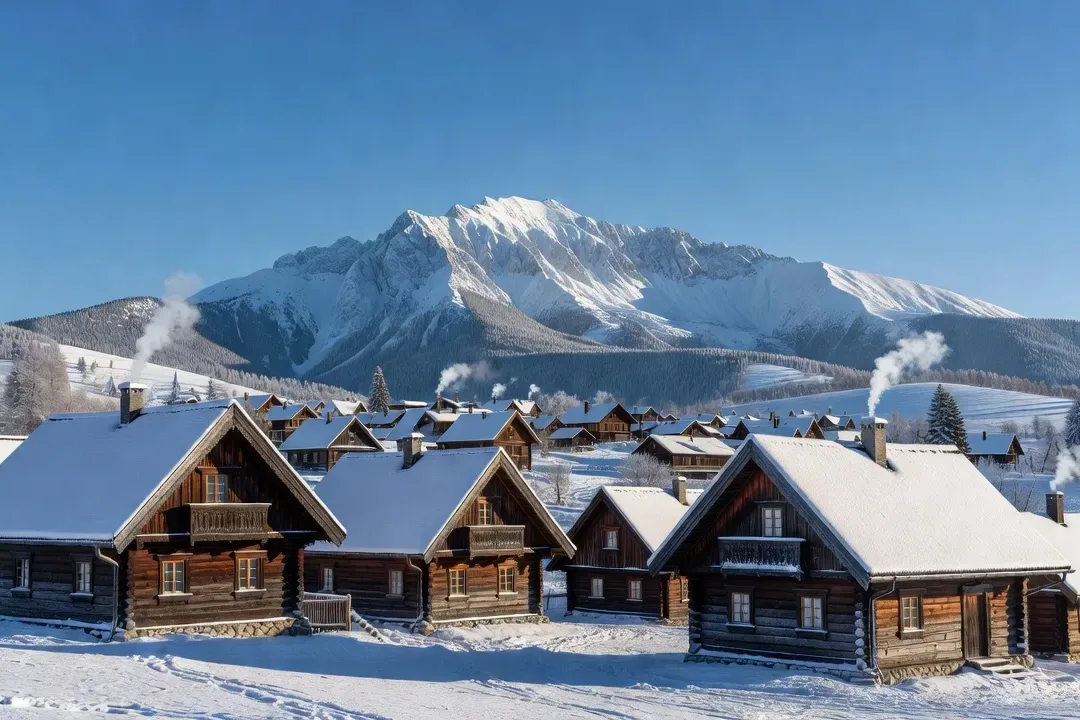 Vue panoramique de Karpacz dans les monts des Géants, chalets en bois polonais avec mont Śnieżka enneigé