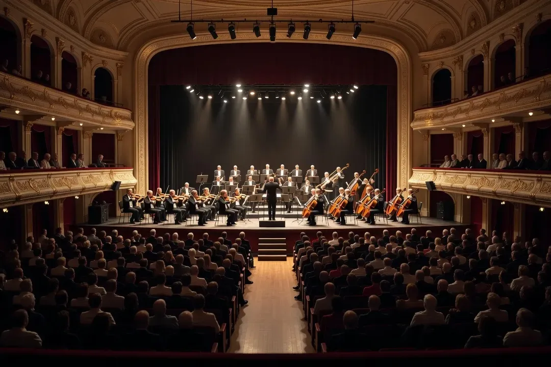 Grande salle de concert de la Philharmonie de Varsovie, orchestre éclairé par spots dorés